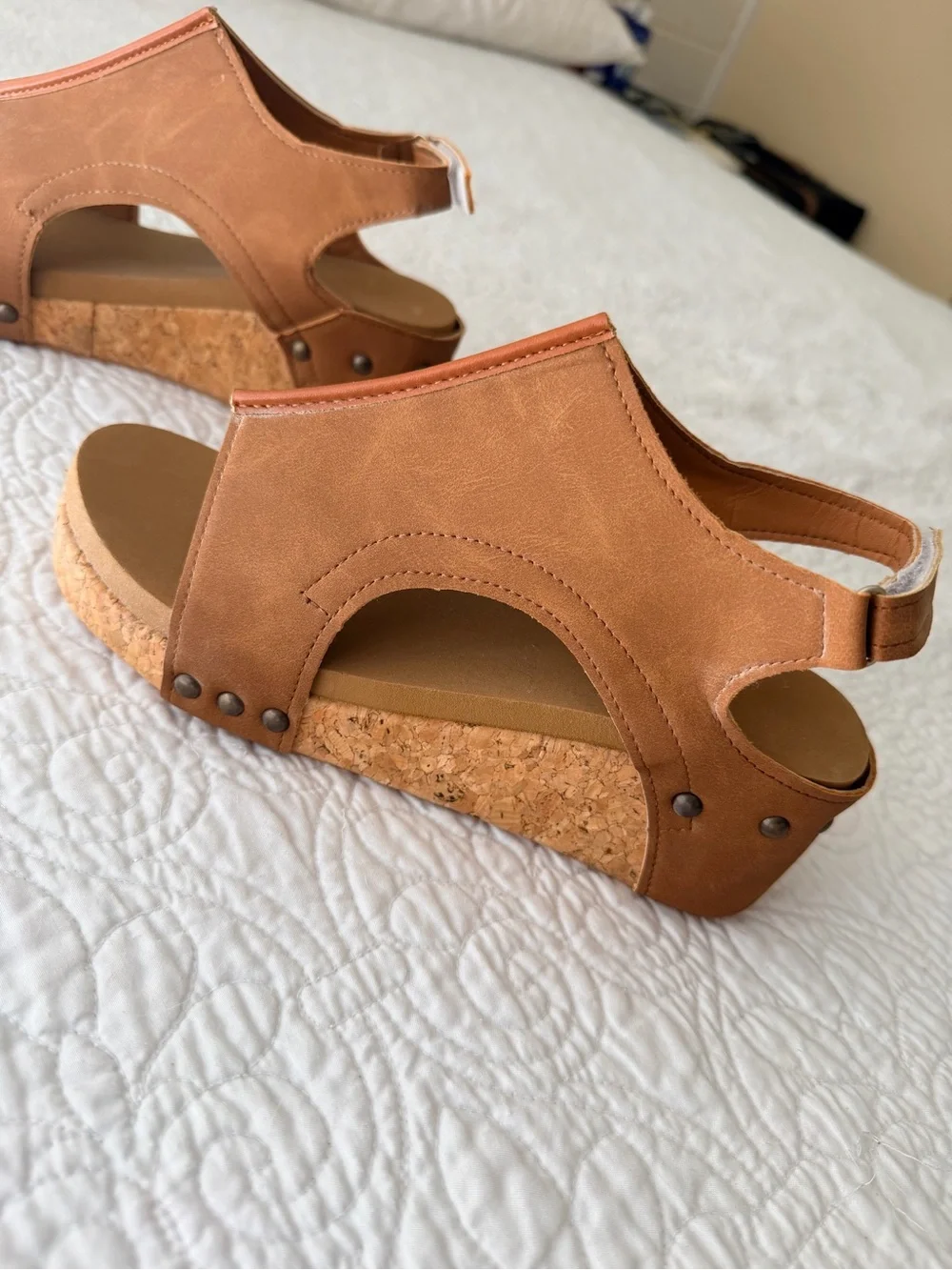 Brown Tan Cork Wedge Sandals with Back Strap